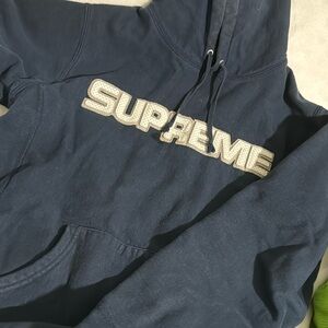 Supreme Navy Blue Hoodie with White Lettering